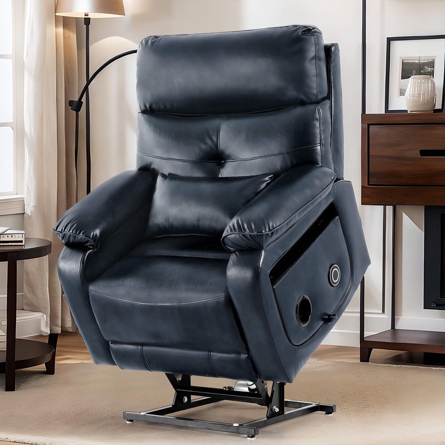 Asjmreye navy power lift recliner chair in a standing position.