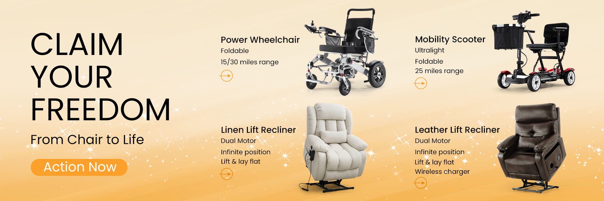 Claim your freedom, from chair to life, with ASJMREYE power wheelchair, mobility scooter, lift recliner