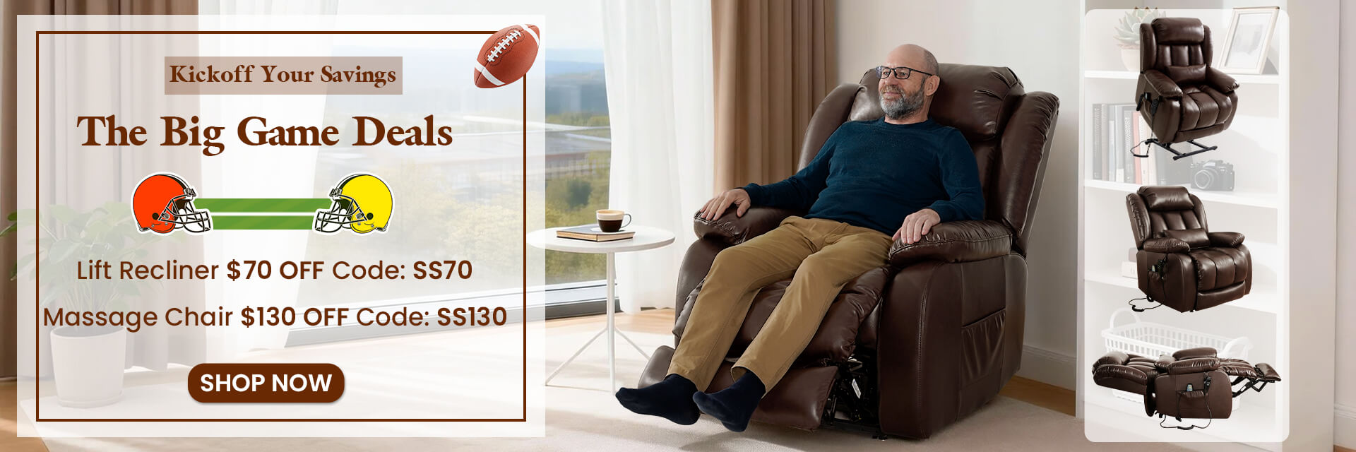Man sitting in a powe lift recliner chair with promotional text for 'The Big Game Deals' on a home setting.