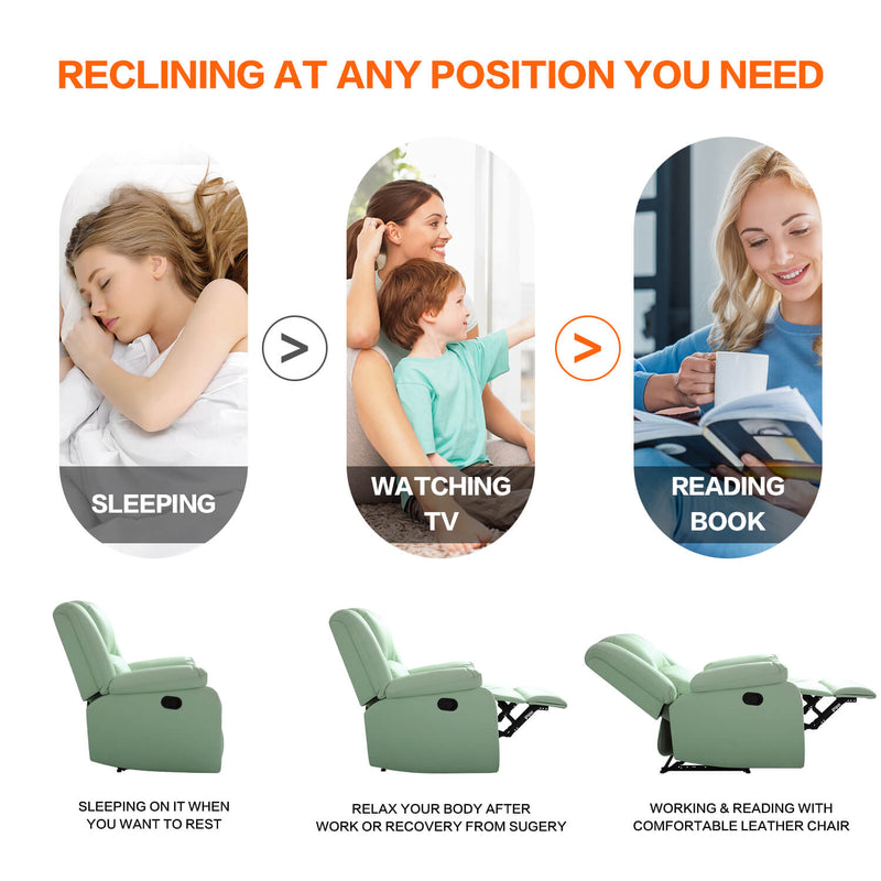 Asjmreye Manual Recliner Chair Recliner Soft Armrests For Living Room 35" Width, Leather,Light Green