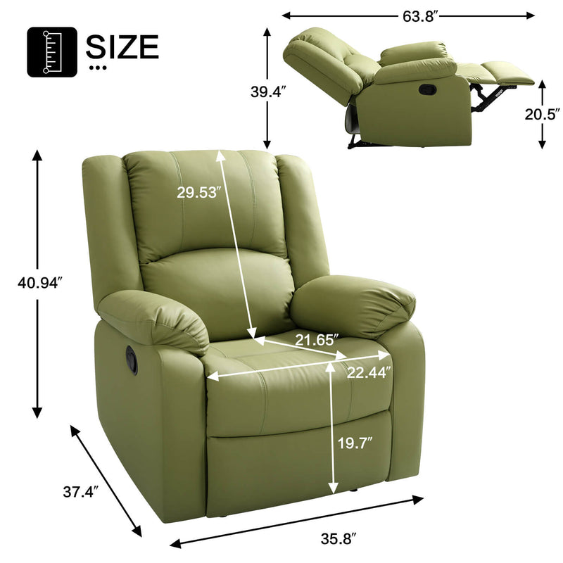 Asjmreye Manual Recliner Chair Recliner Soft Armrests For Living Room 35" Width, Leather,Green,size