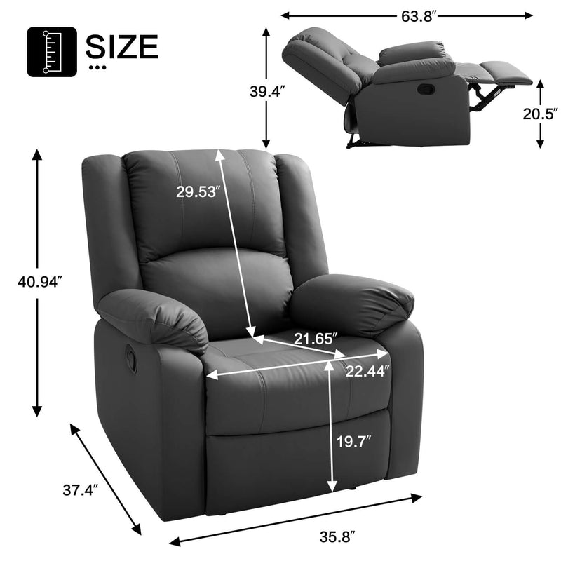 Asjmreye Manual Recliner Chair Recliner Soft Armrests For Living Room 35" Width, Leather,Grey,size