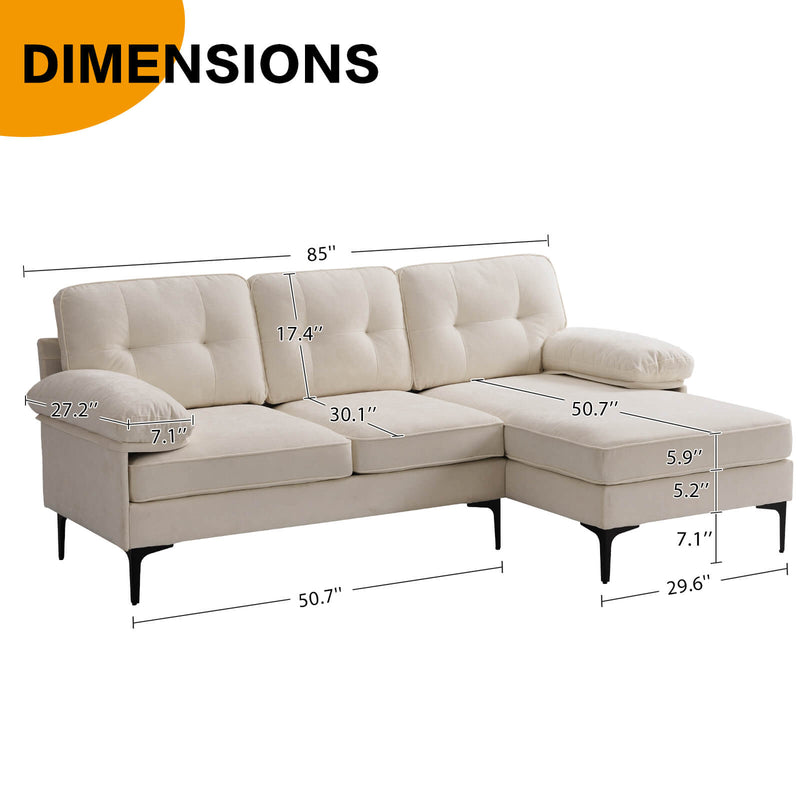 Asjmreye Sectional Sofa L-Shape Couch with Chaise Chenille Fabric Beige Size