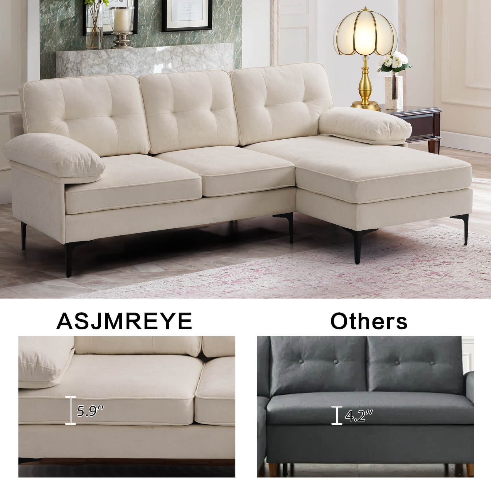 Asjmreye Sectional Sofa L-Shape Couch with Chaise Chenille Fabric Beige