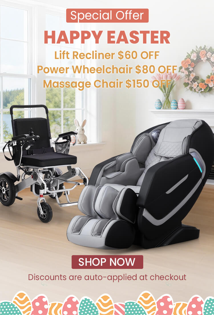 Massage chair with promotional text for Easter discounts on recliner, power wheelchair, and massage chair.
