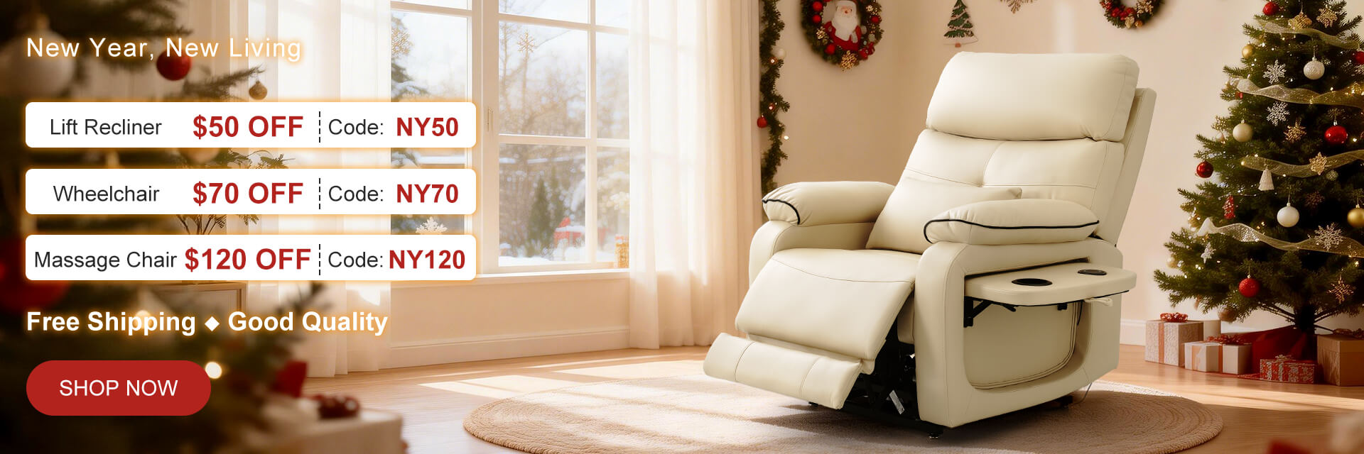 Beige recliner chair in a room with new year decorations and promotional text, $50 off on lift recliners.