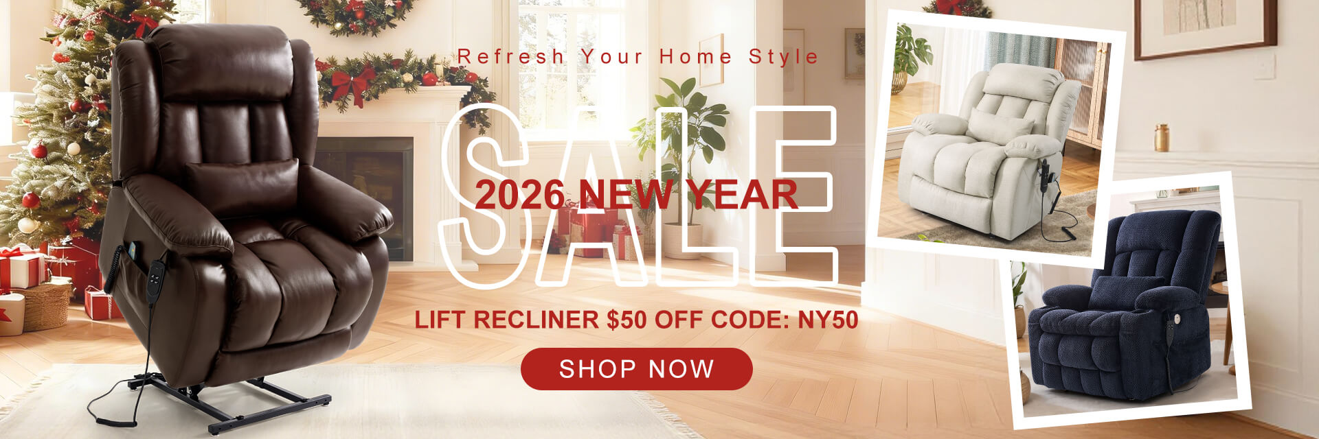 Promotional banner for lift recliners with a '2026 New Year Sale', lift recliner $50 off code: NY50