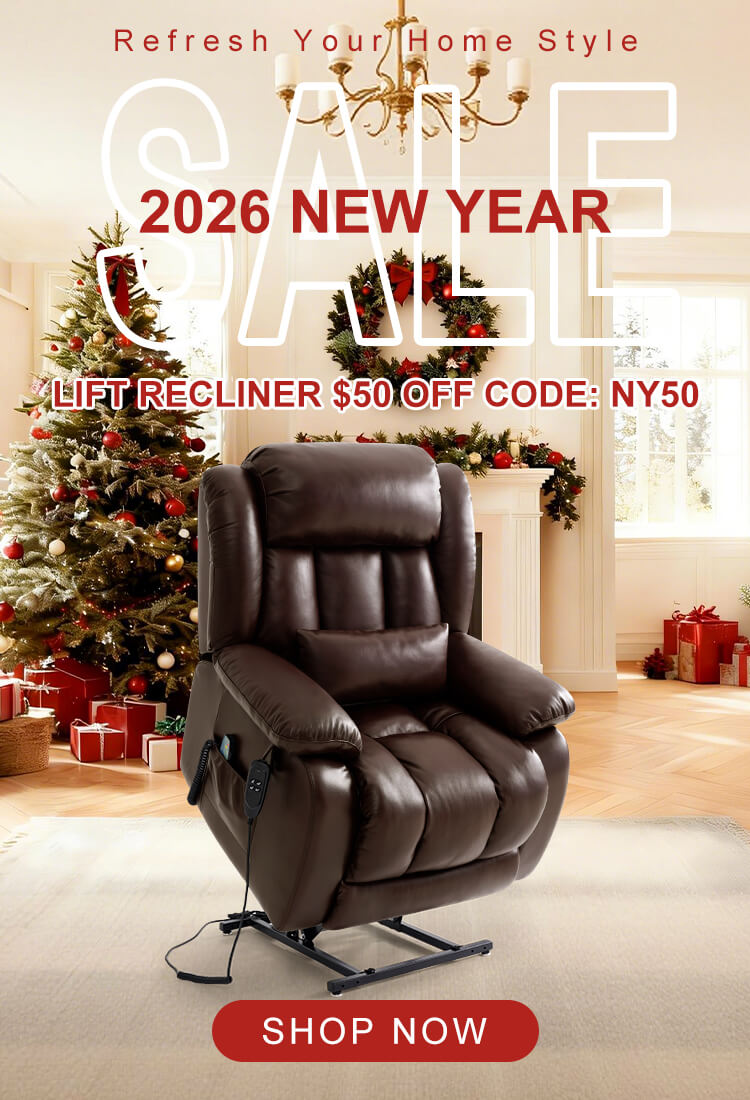 Brown lift recliner chair in a room with Christmas tree and wreath, 2026 new year sale, save $50 on lift recliners with code NY50