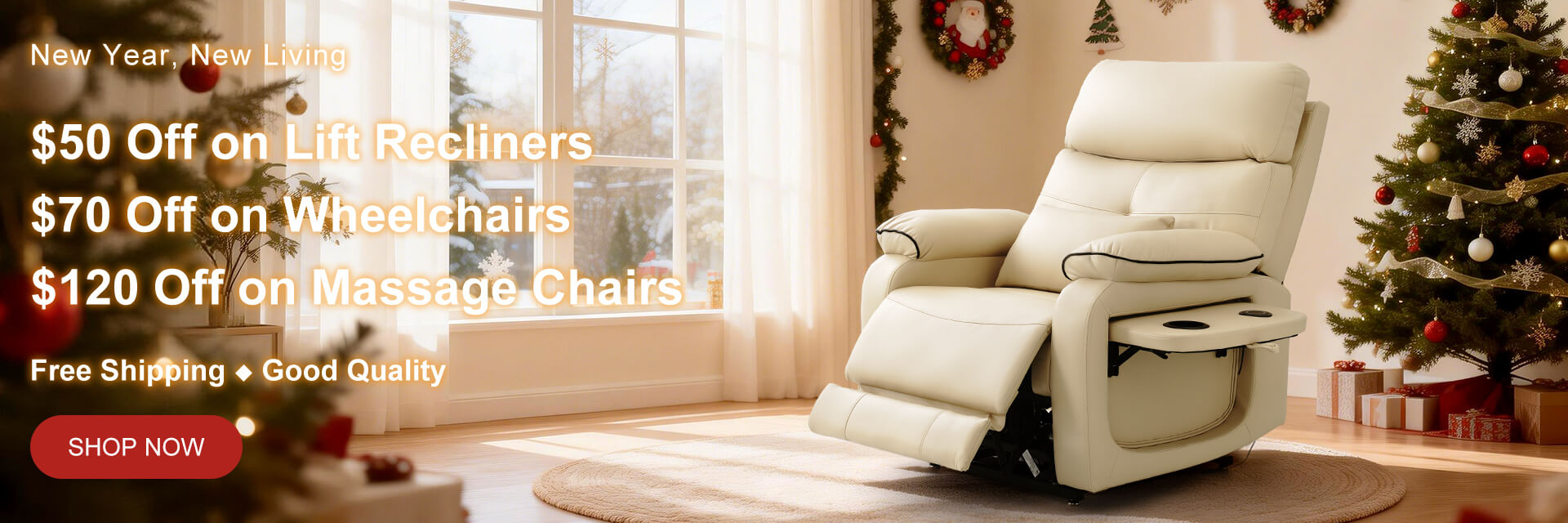 Beige recliner chair in a room with Christmas decorations and promotional text, $50 off on lift recliners.