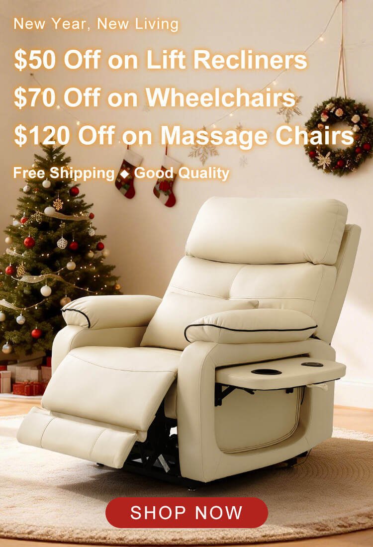 Beige recliner chair in a room with Christmas decorations and promotional text, $50 off on lift recliners.