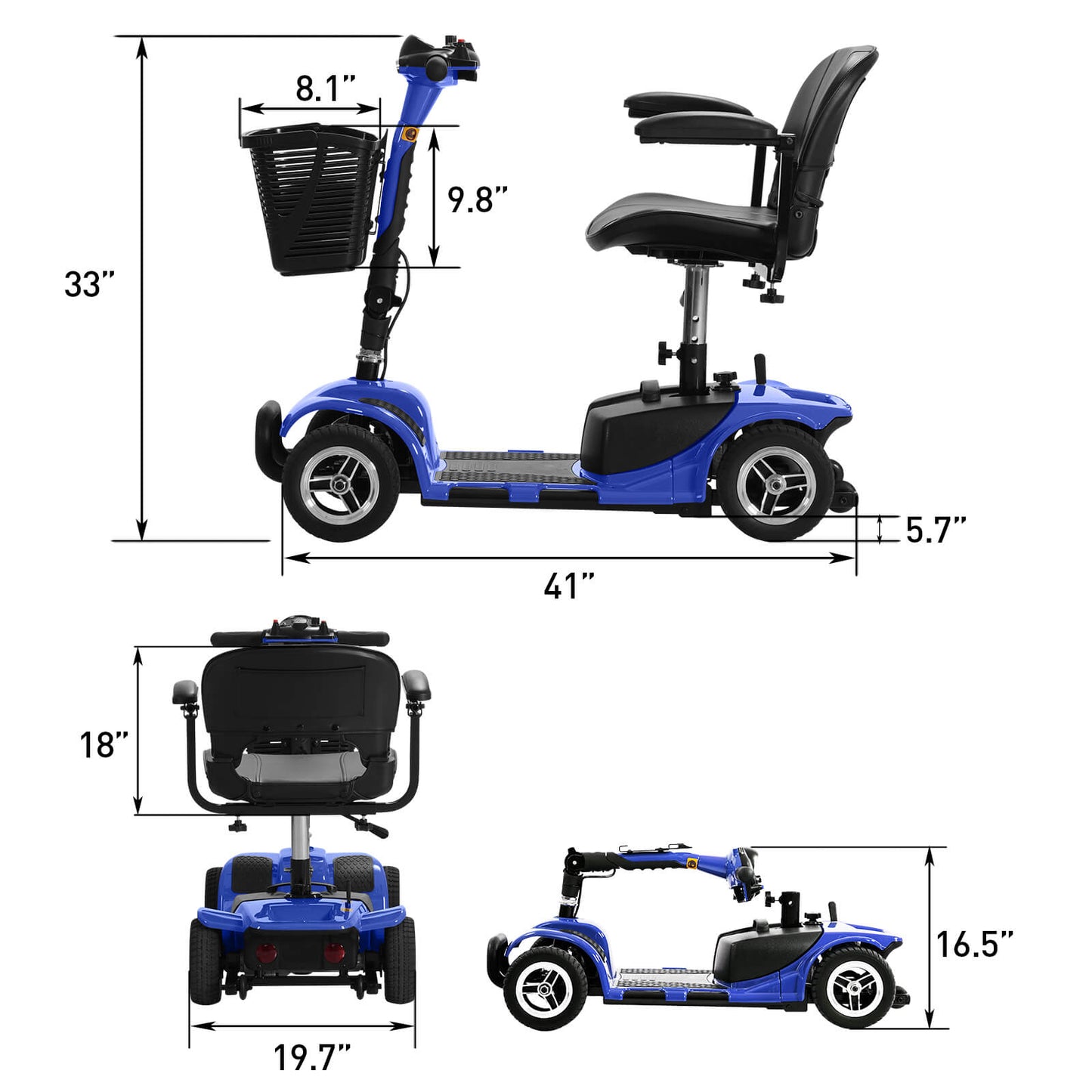 Blue scooter size. Overall size: 41 x 19.7 x 33 inches.