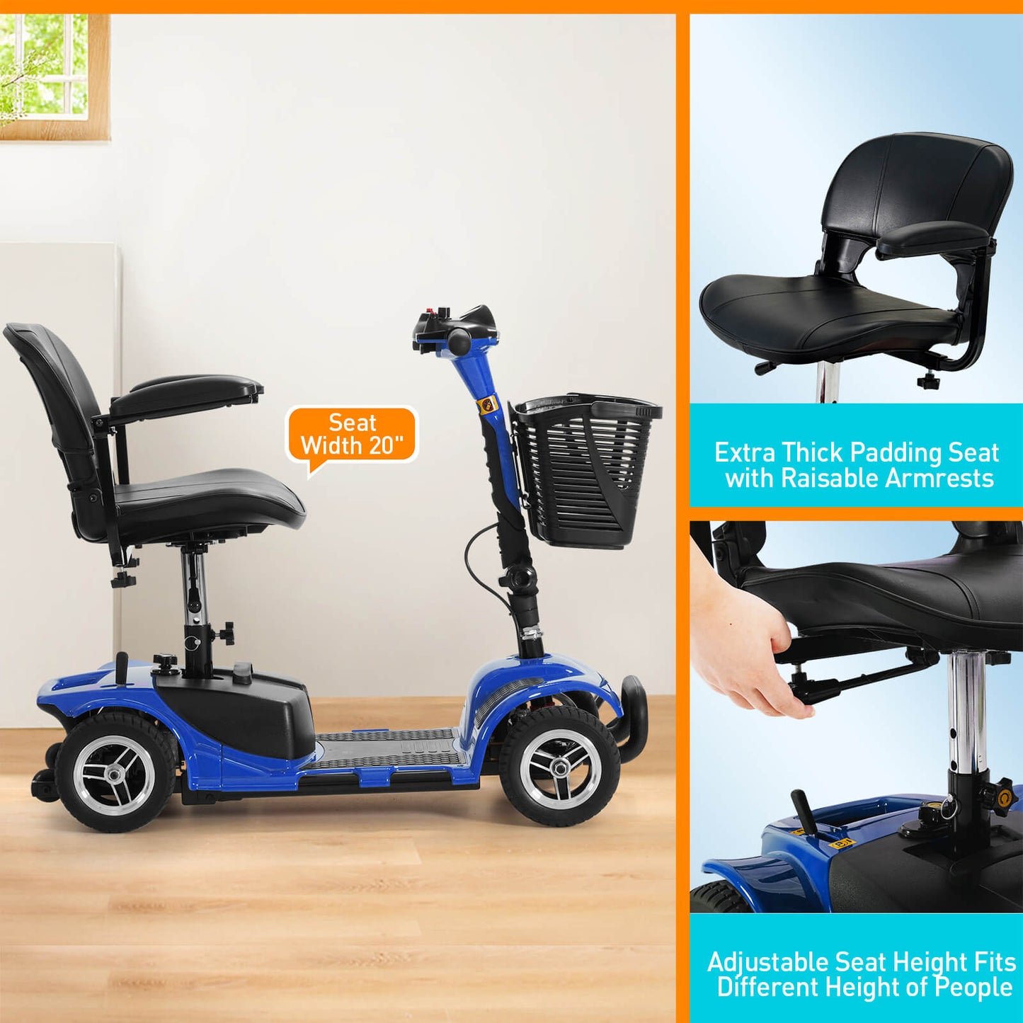 Side view of the blue mobility scooter. Seat width 20 inches. Armrests can be raised, seat swivels in direction and seat height is adjustable.