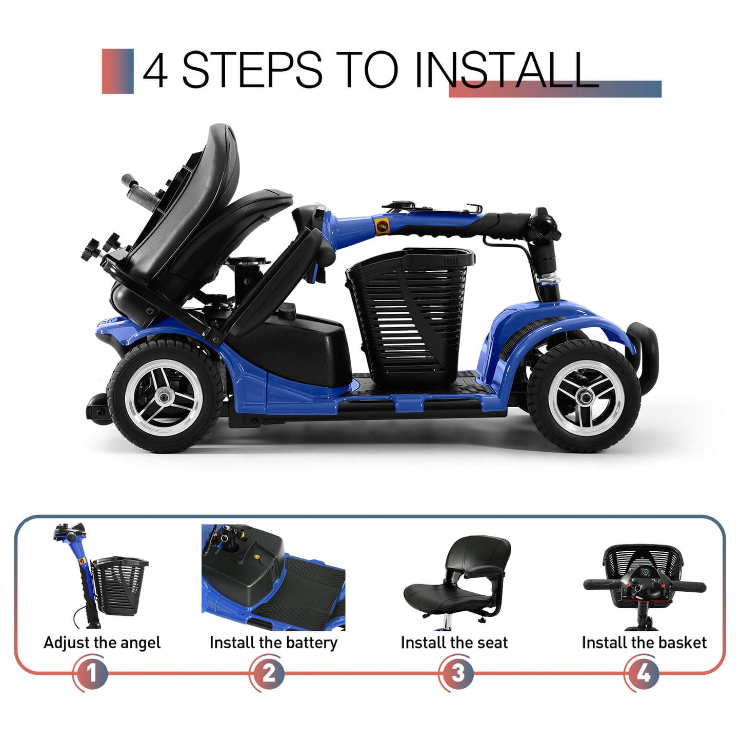4 steps to complete the assembly: adjust the head angle, install the battery, install the seat, and install the basket. Let's go!
