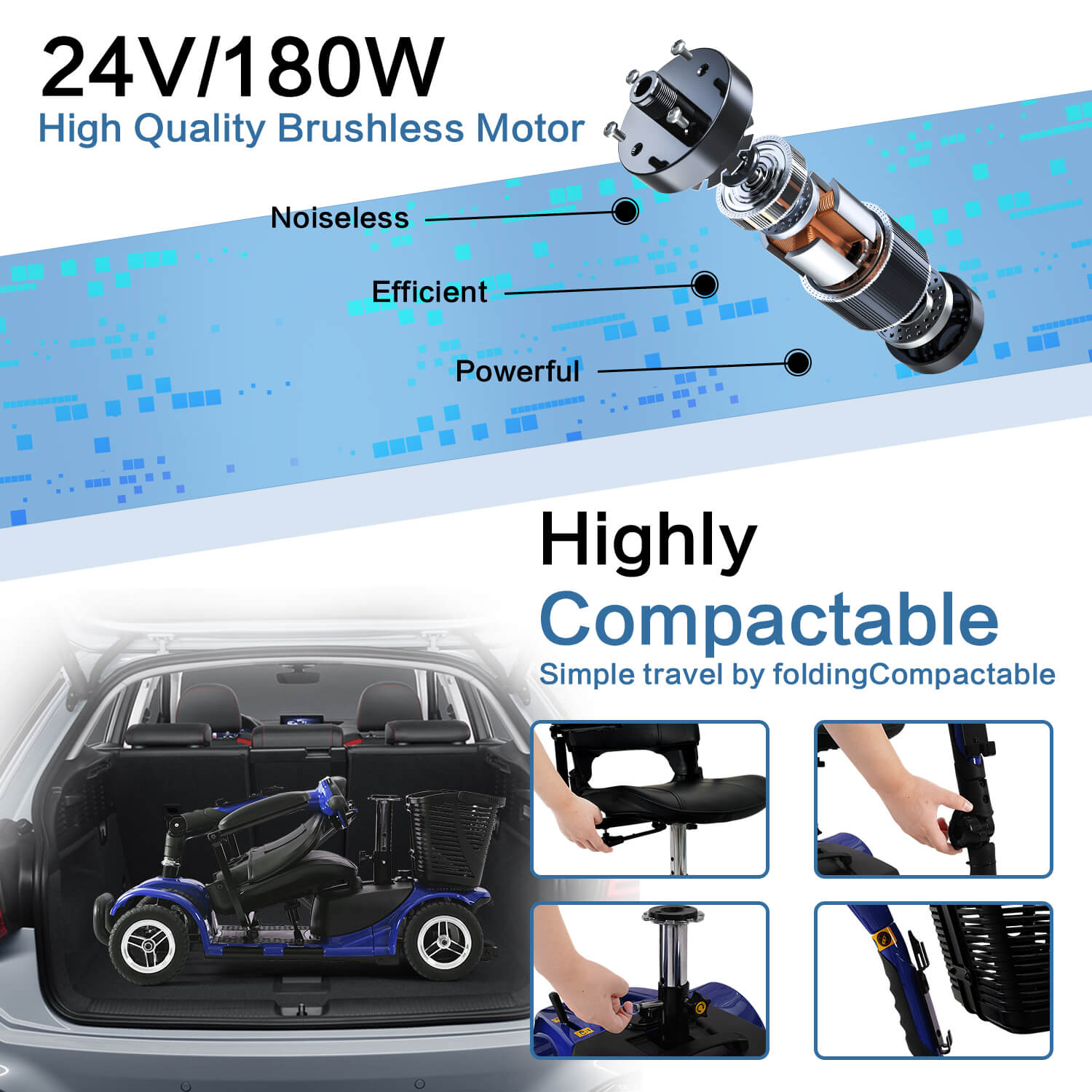 Low noise, high efficiency and powerful high quality brushless motor. And it's very easy to fold up and put in the trunk.