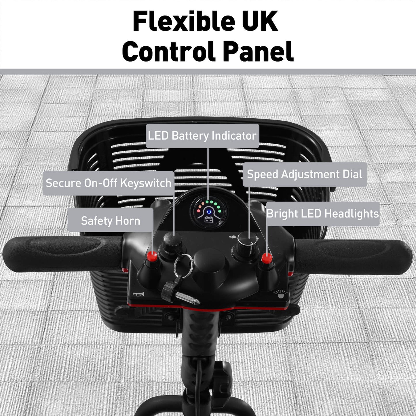 Flexible control panel. Battery indicator, safety horn, speed regulator and other indications.