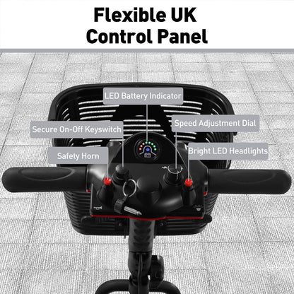 Flexible control panel. Battery indicator, safety horn, speed regulator and other indications.