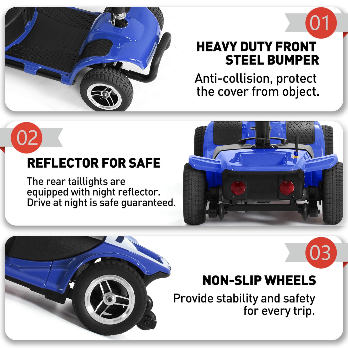 3 safety features: front steel bumper, rear reflector, non-slip tires.