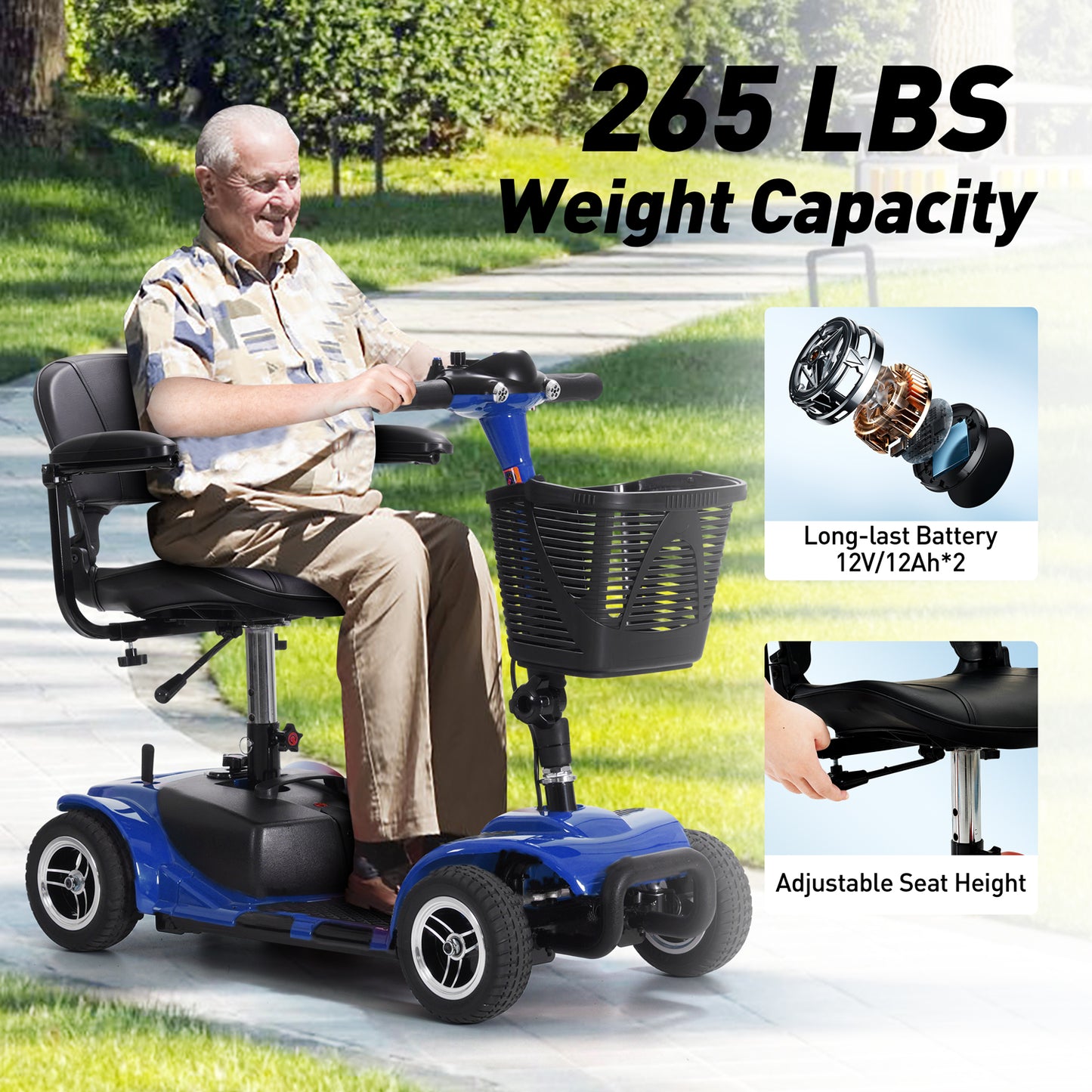 An elderly man riding a mobility scooter in the park. Weight capacity 265 lbs. Seat height adjustable.