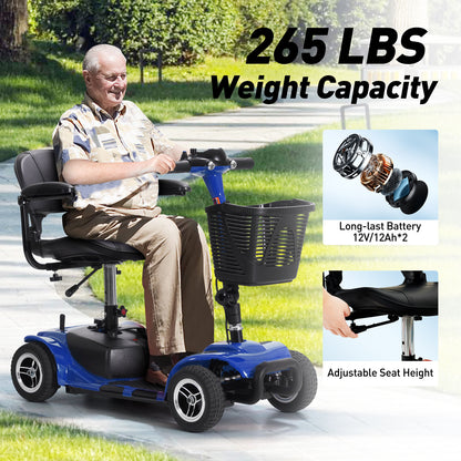 An elderly man riding a mobility scooter in the park. Weight capacity 265 lbs. Seat height adjustable.