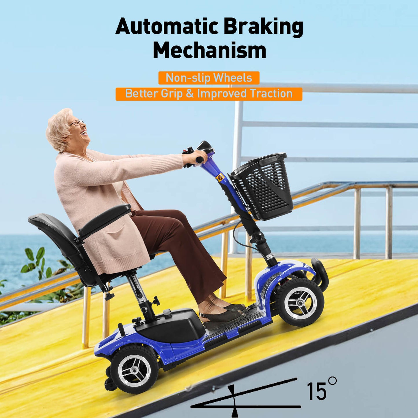 4-wheel electric mobility scooter with a maximum climb of 15 degrees. Automatic braking system.