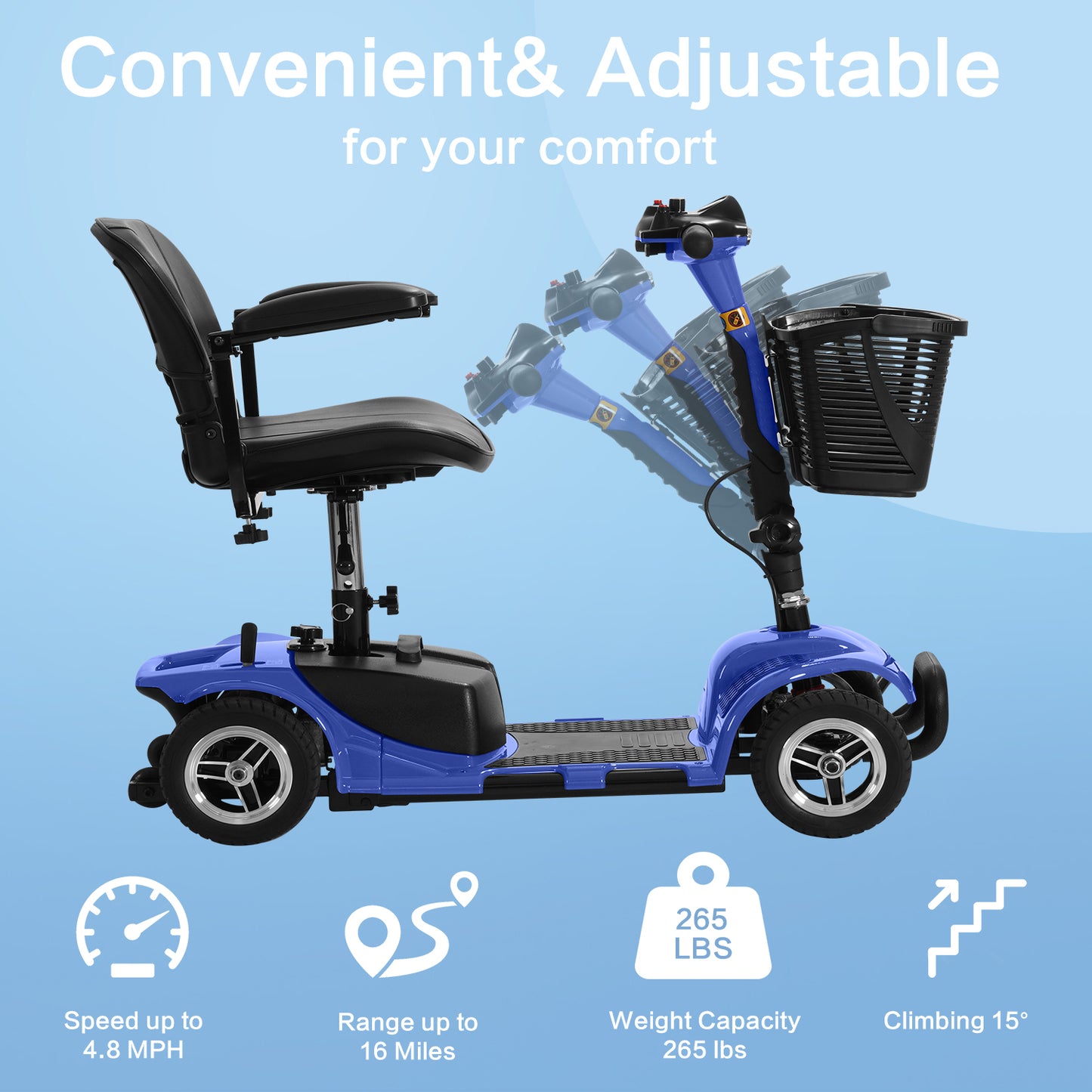 Convenient, adjustable power mobility scooter. Top speed of 4.8 mph, 16-mile range, 265-pound weight capacity, and can climb up to 15 degrees.