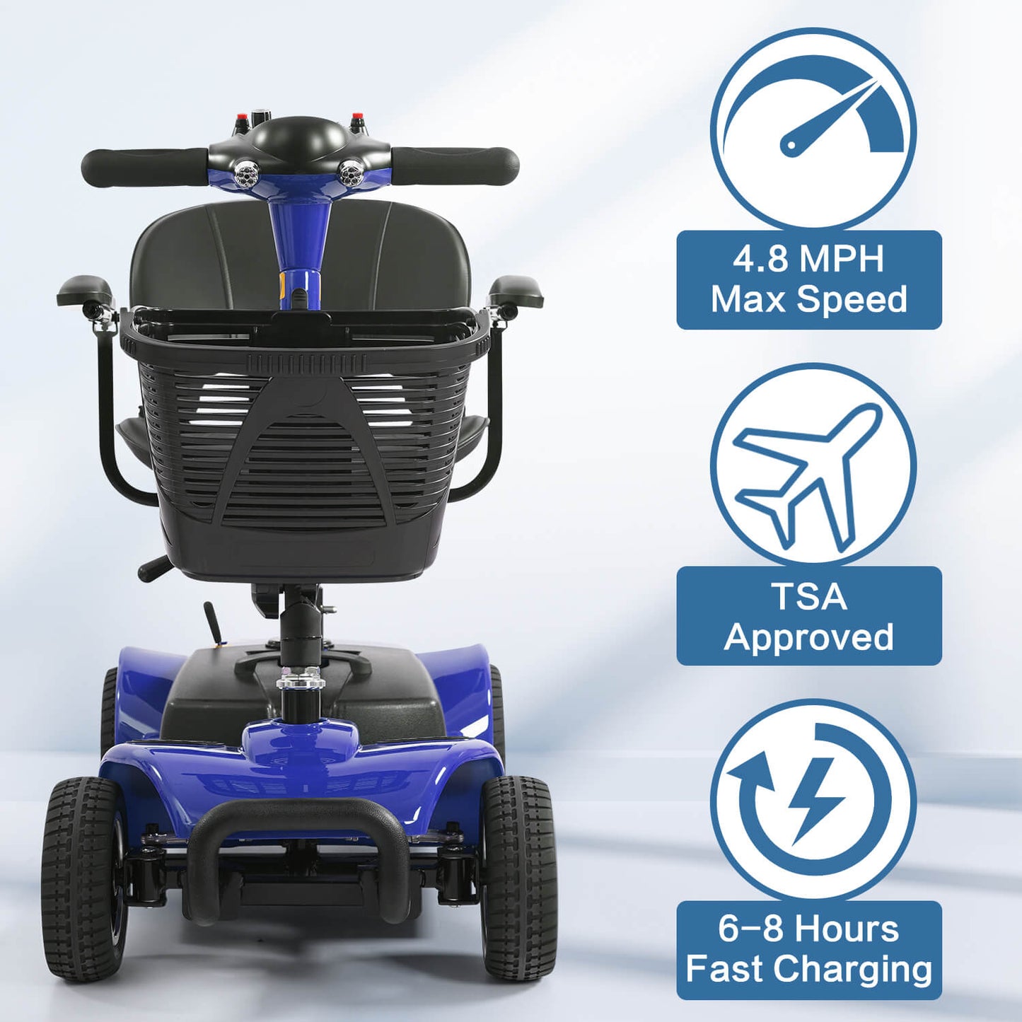 Front view of the blue mobility scooter. 4.8 mph max, TSA approved, 6-8 hour fast charge.