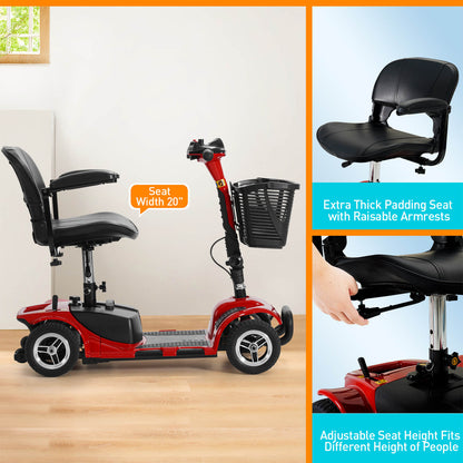 Side view of the red mobility scooter. Seat width 20 inches. Armrests can be raised, seat swivels in direction and seat height is adjustable.