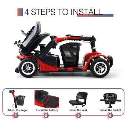 4 steps to complete the assembly: adjust the head angle, install the battery, install the seat, and install the basket. Let's go!