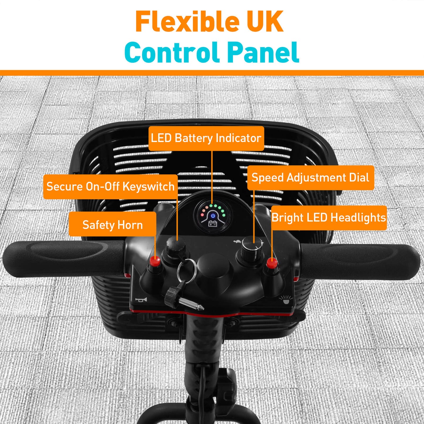 Flexible control panel. Battery indicator, safety horn, speed regulator and other indications.
