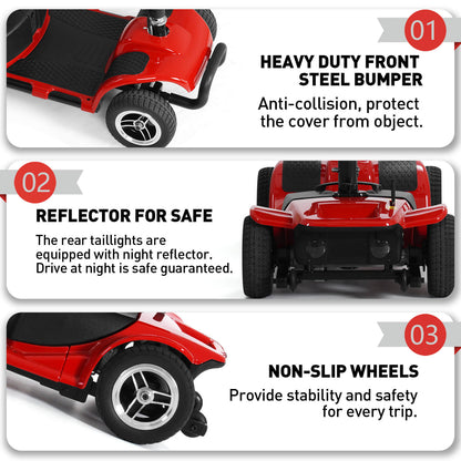 3 safety features: front steel bumper, rear reflector, non-slip tires.