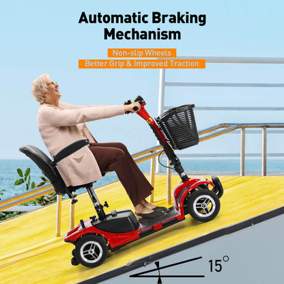 4-wheel electric mobility scooter with a maximum climb of 15 degrees. Automatic braking system.
