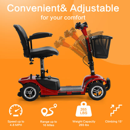 Convenient, adjustable power mobility scooter. Top speed of 4.8 mph, 16-mile range, 265-pound weight capacity, and can climb up to 15 degrees.
