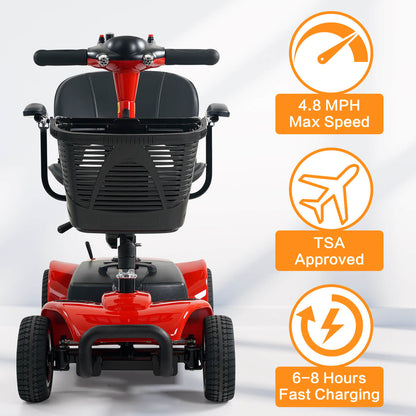 Front view of the red mobility scooter. 4.8 mph max, TSA approved, 6-8 hour fast charge.