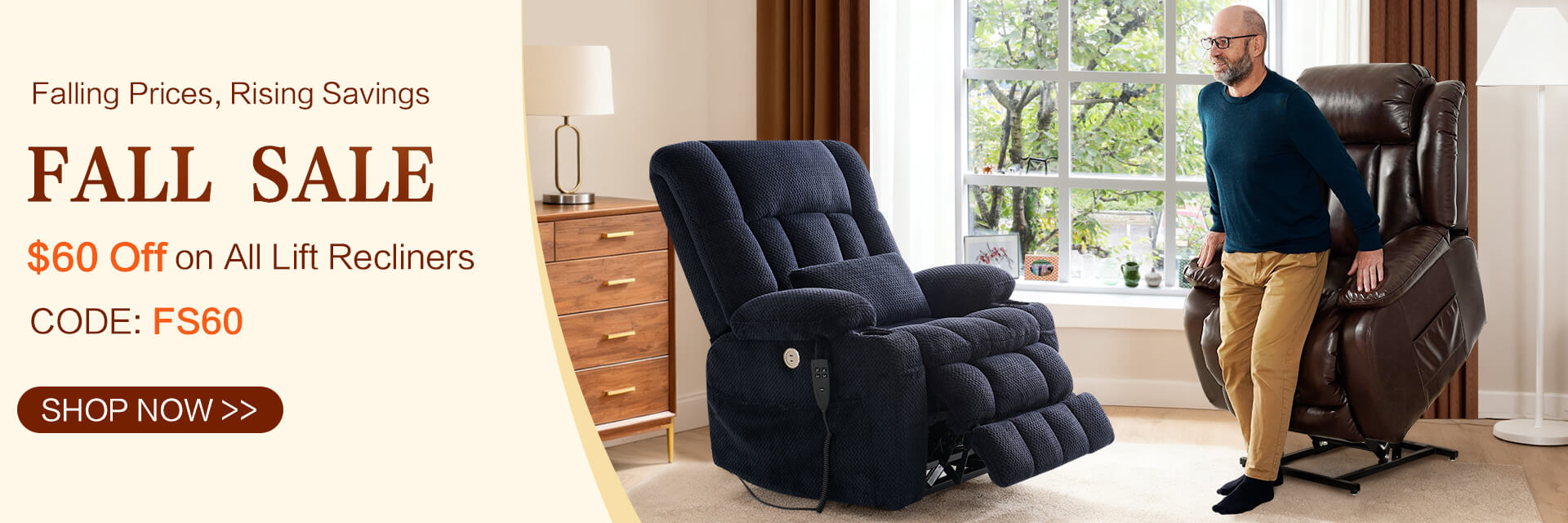 Man standing next to a recliner chair with a fall sale advertisement on the left. Save $60 code: FS60