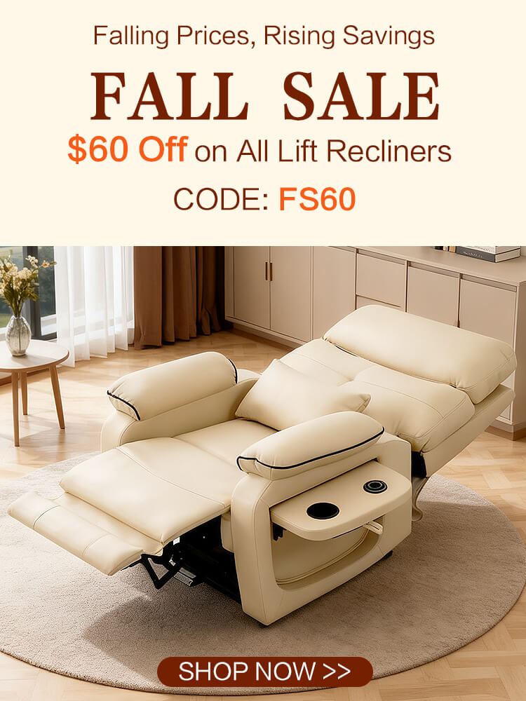 Beige recliner chair with promotional text for fall sale on a beige background. Save $60 code: FS60