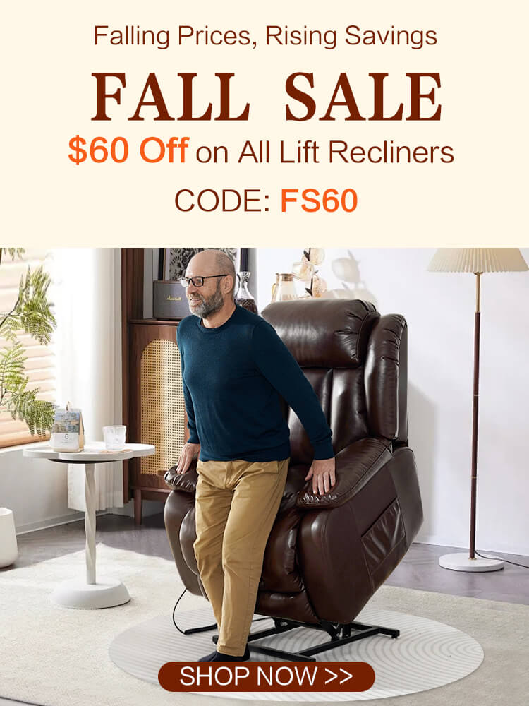 Poster for a fall sale on lift recliners with a man using one in a living room. Save $60 code: FS60