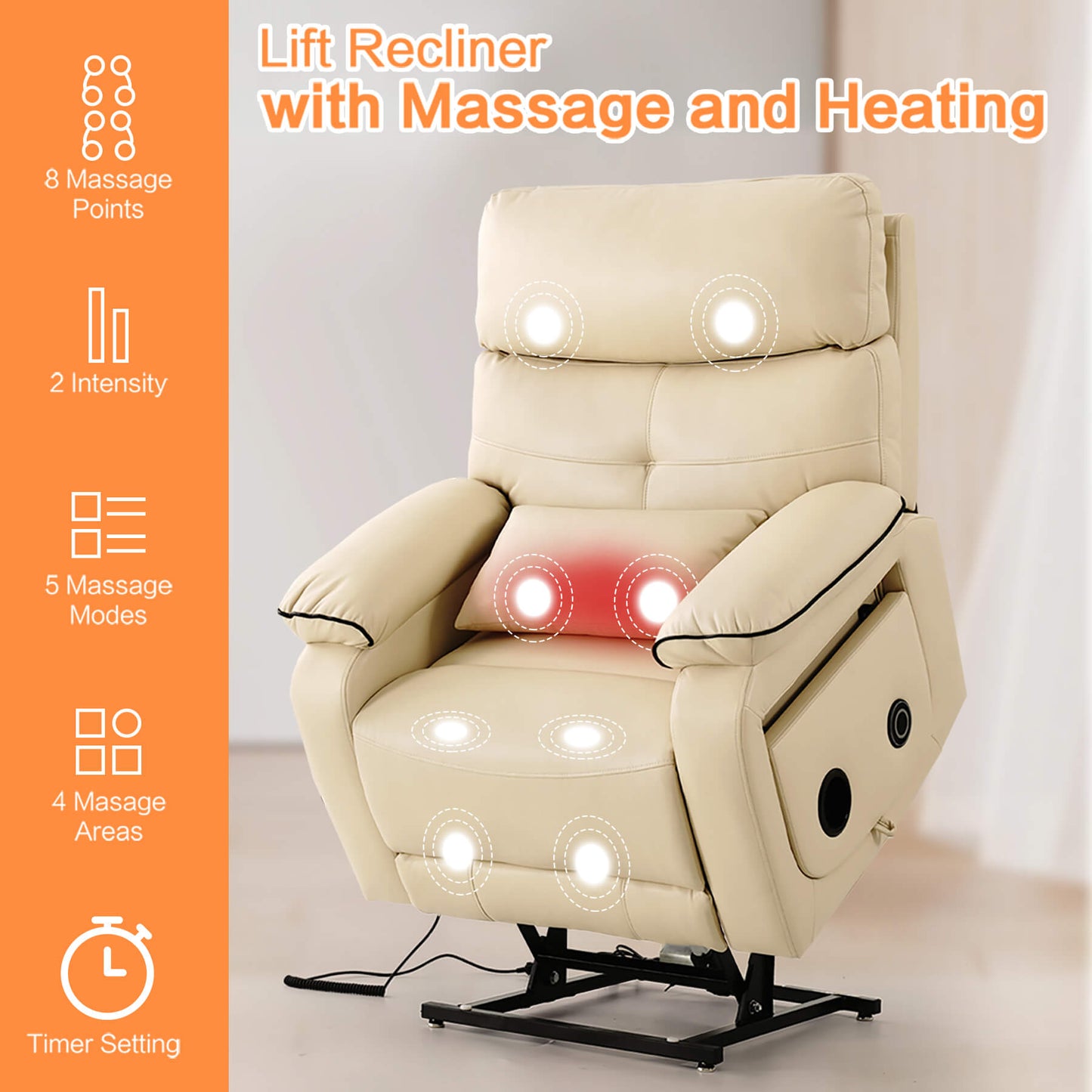 Infinite Position Power Lift Recliner Chair W/ Wireless Charger & Cup Holder, Vibration Massage & Heating, Genuine Leather