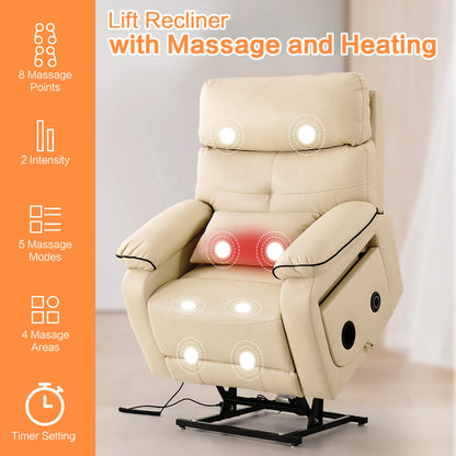 Infinite Position Power Lift Recliner Chair W/ Wireless Charger & Cup Holder, Vibration Massage & Heating, Genuine Leather