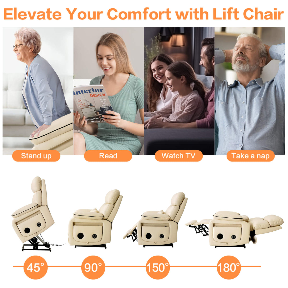 Wirless Chair Function Infinite Position Power Lift Recliner Chair W/ Wireless Charger & Cup ...