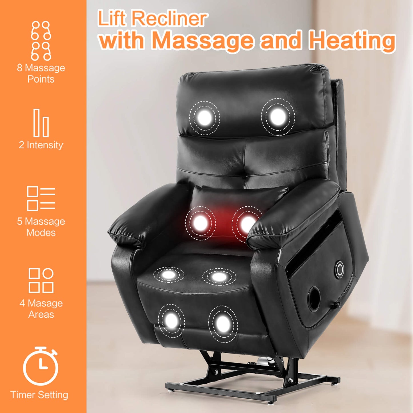 Infinite Position Power Lift Recliner Chair W/ Wireless Charger & Cup Holder, Vibration Massage & Heating, Genuine Leather