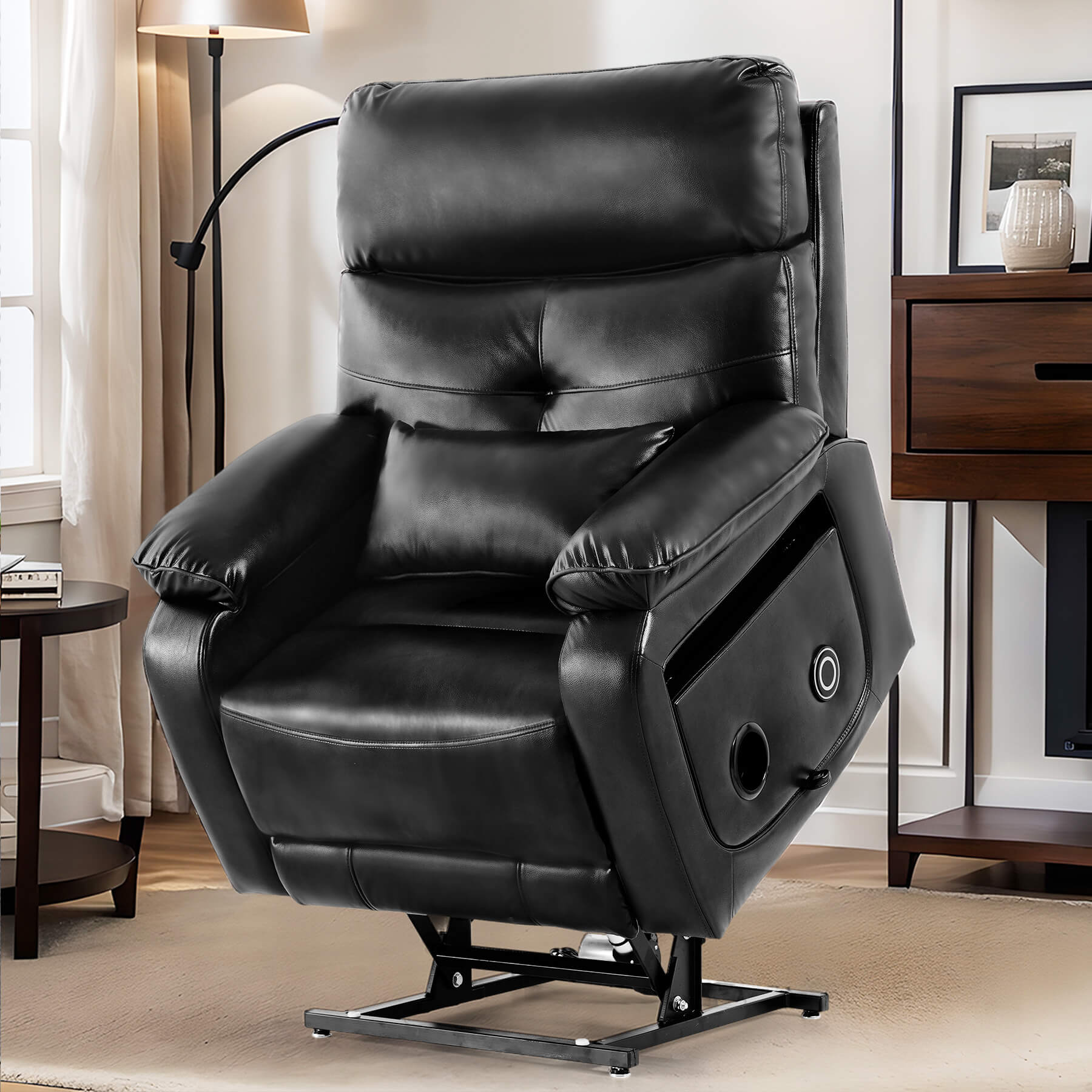 A black color power lift recliner chair in standing position.