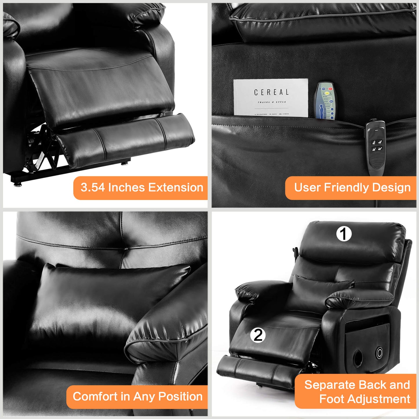 Asjmreye power lift recliner chair with extended footrest, side pocket, lumbar pillow.