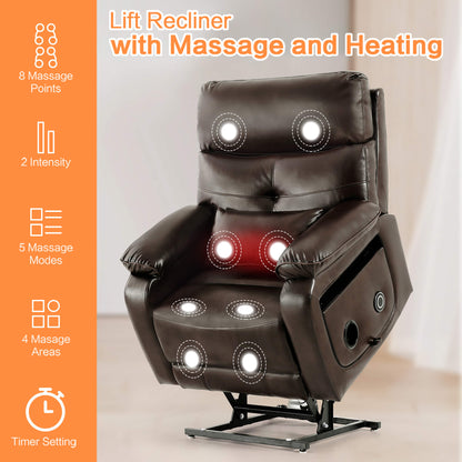 Infinite Position Power Lift Recliner Chair W/ Wireless Charger & Cup Holder, Vibration Massage & Heating, Genuine Leather