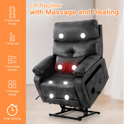 Infinite Position Power Lift Recliner Chair W/ Wireless Charger & Cup Holder, Vibration Massage & Heating, Genuine Leather
