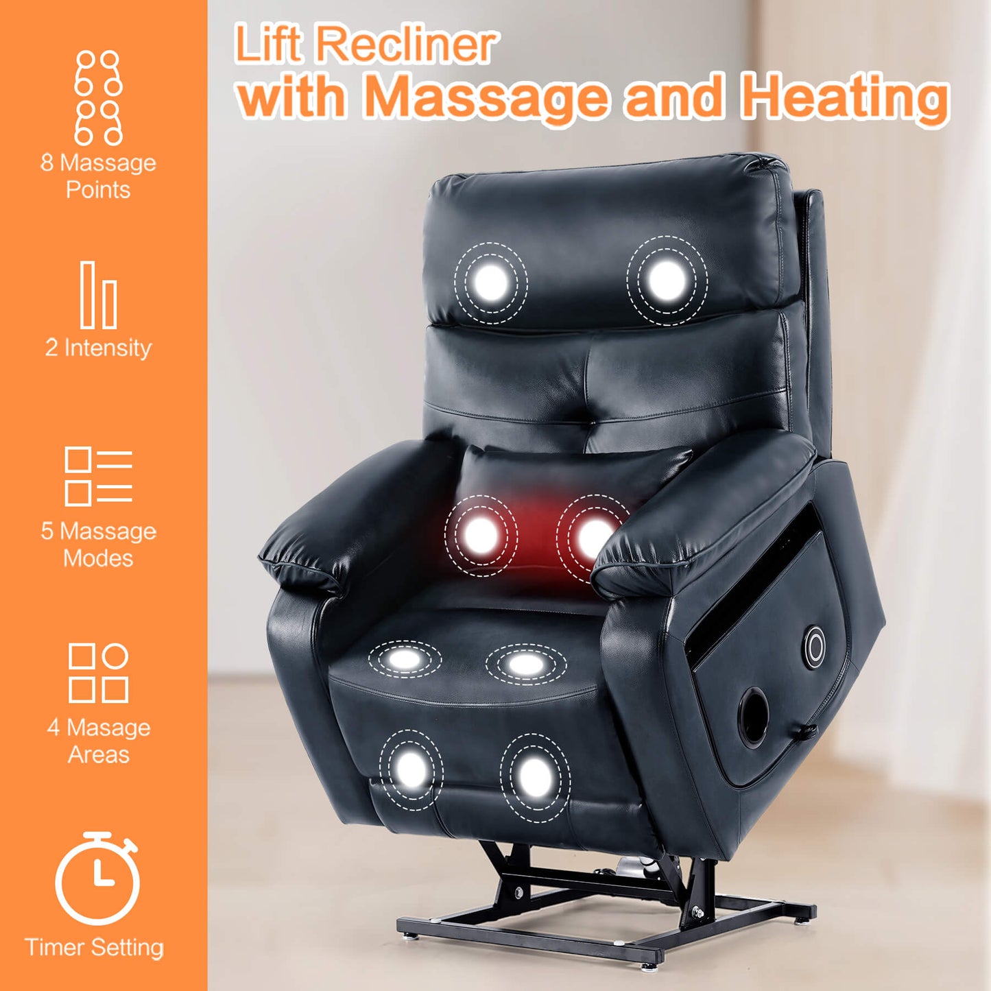 Infinite Position Power Lift Recliner Chair W/ Wireless Charger & Cup Holder, Vibration Massage & Heating, Genuine Leather