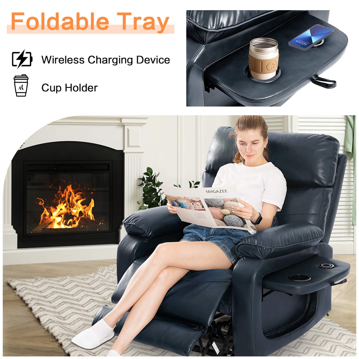 Recliner chair with foldable tray, cup holder, and wireless charging device.