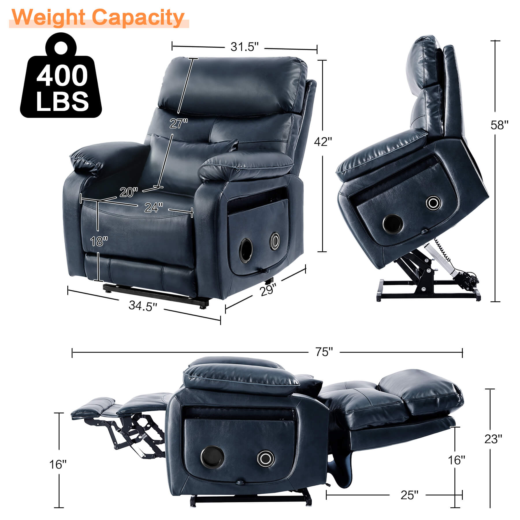 Specific dimension of Asjmreye navy power lift recliner chair 