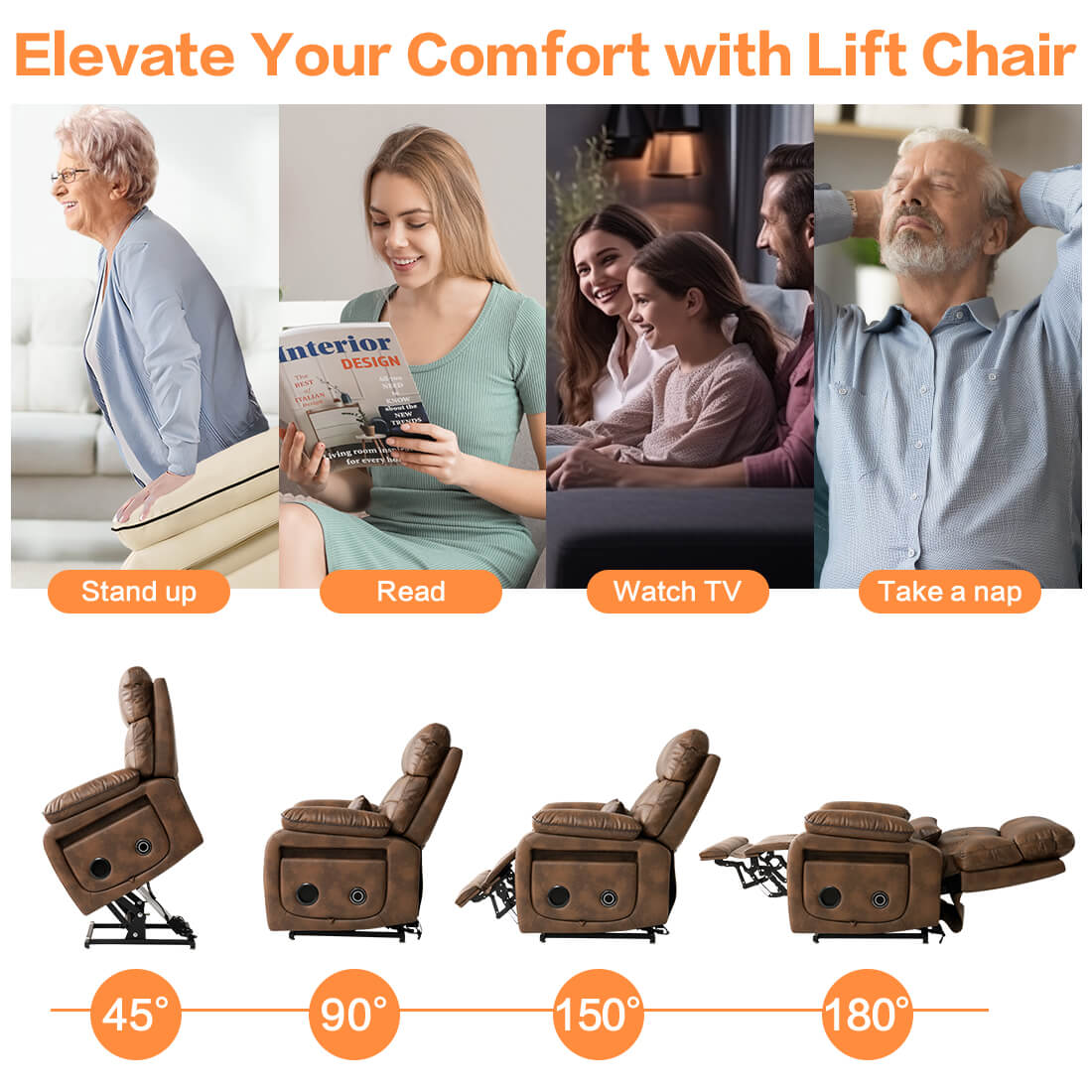 Lift chair with various positions shown from 45 degrees to 180 degrees, people using it, and text 'Elevate Your Comfort with Lift Chair'.