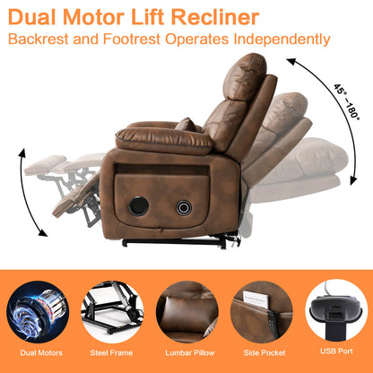 Ochre color power lift recliner chair with dual motor lift feature and backrest and footrest operates independently