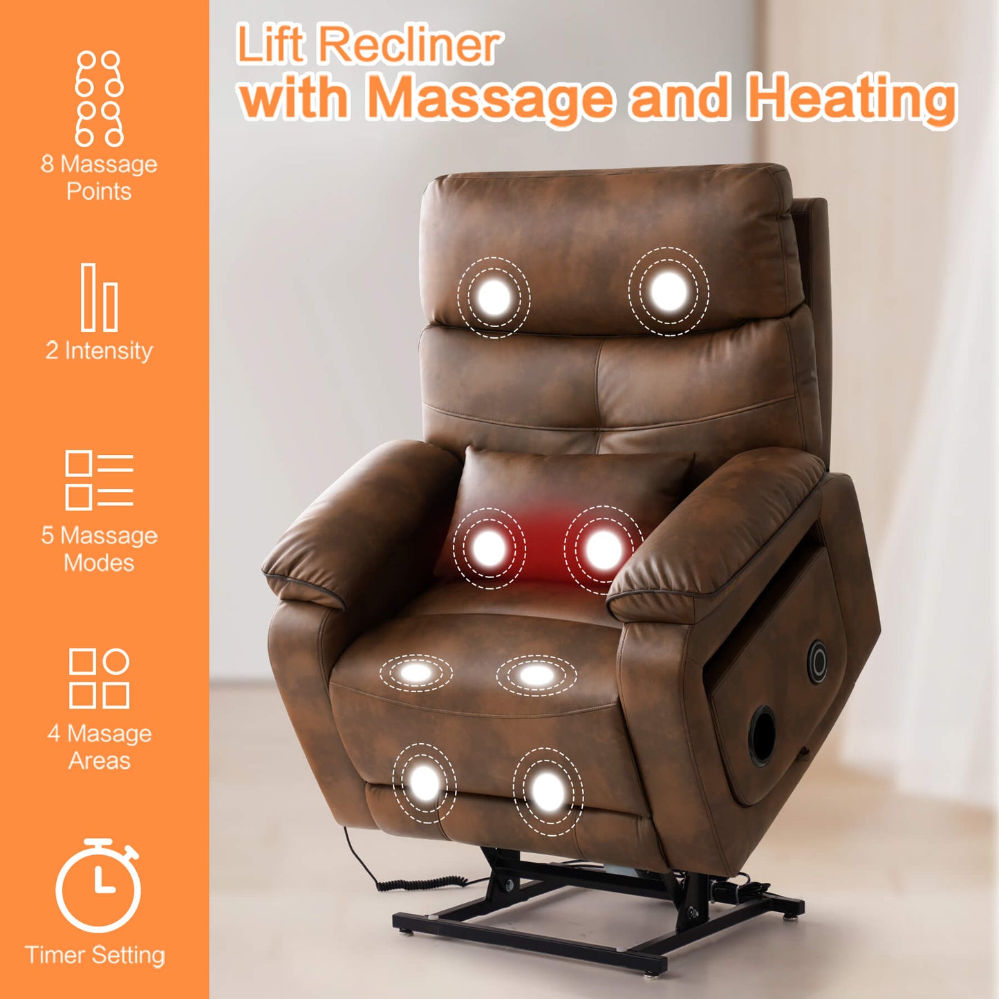 Infinite Position Power Lift Recliner Chair W/ Wireless Charger & Cup Holder, Vibration Massage & Heating, Genuine Leather